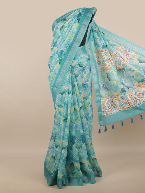 

Pothys Blue & Green Zari Linen Blend Saree