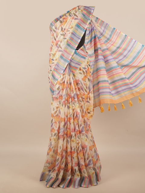 

Pothys Orange & Blue Floral Zari Linen Blend Saree