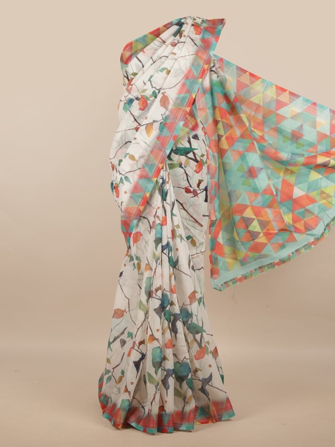 

Pothys Cream-Coloured & Blue Floral Zari Linen Blend Saree