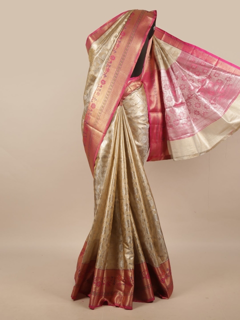 

Pothys Gold-Toned & Pink Woven Design Zari Tissue Saree