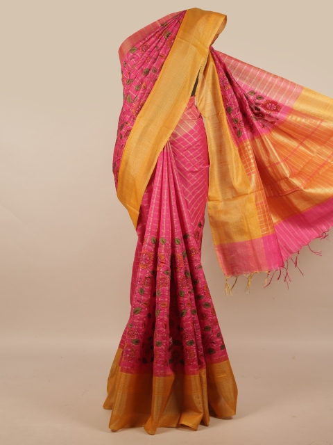 

Pothys Pink & Yellow Checked Zari Jute Silk Saree