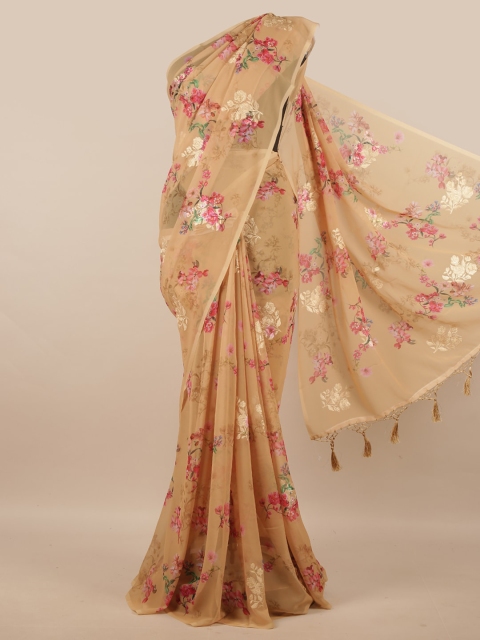 

Pothys Beige & Pink Floral Printed Linen Blend Saree