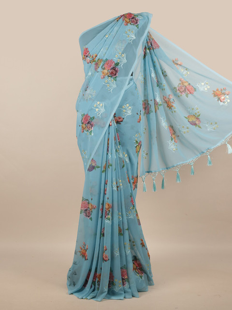 

Pothys Blue & Green Floral Embroidered Linen Blend Saree