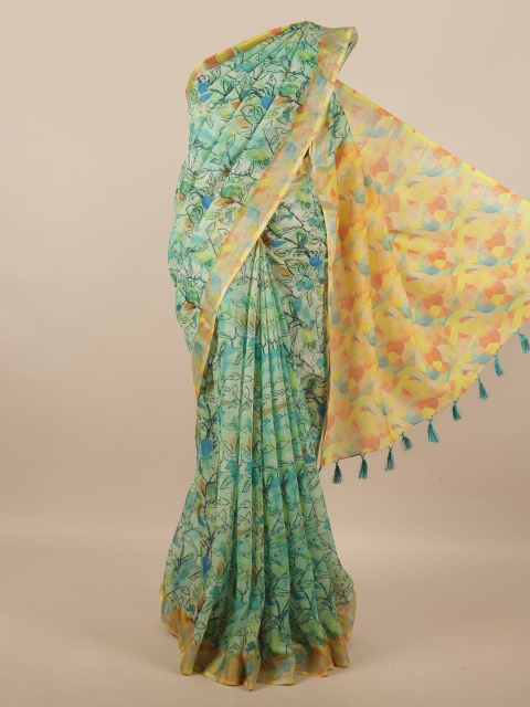 

Pothys Green & Yellow Floral Zari Linen Blend Saree