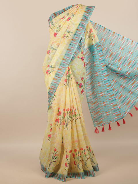 

Pothys Yellow & Turquoise Blue Floral Linen Blend Saree