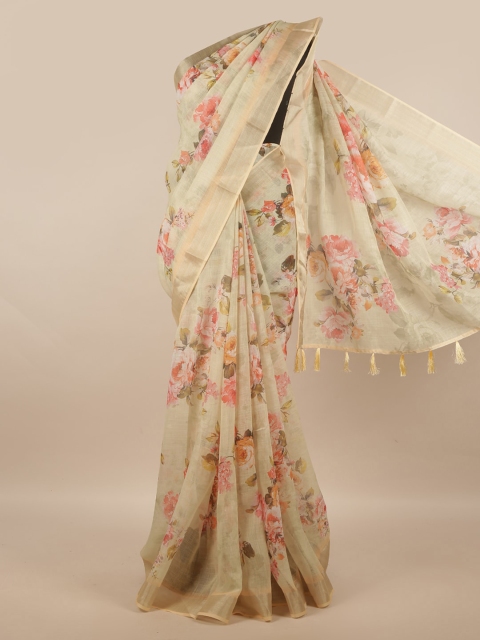 

Pothys Green & Pink Floral Zari Linen Blend Saree