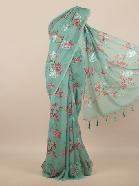 

Pothys Green & Pink Floral Embroidered Linen Blend Saree