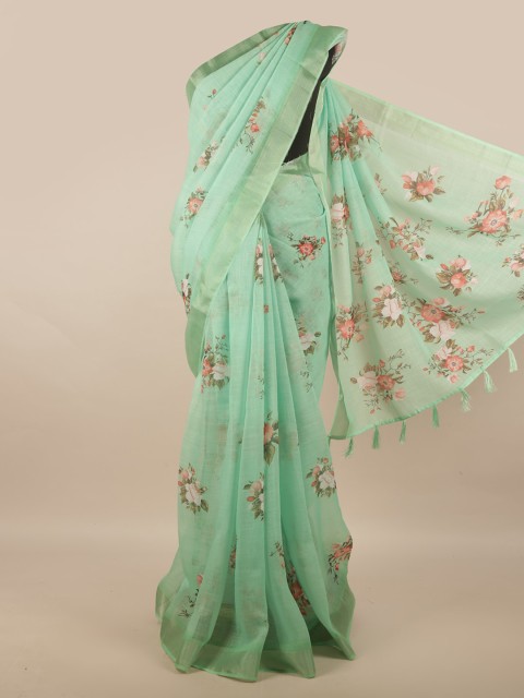 

Pothys Green & Red Floral Zari Linen Blend Saree