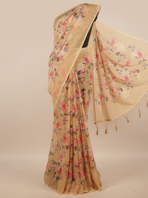 

Pothys Beige & Magenta Floral Zari Pure Crepe Saree