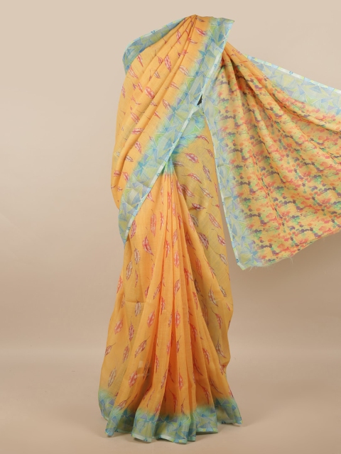 

Pothys Mustard & Blue Floral Linen Blend Saree