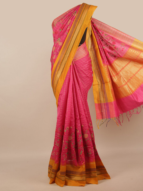 

Pothys Pink & Yellow Floral Embroidered Jute Silk Saree