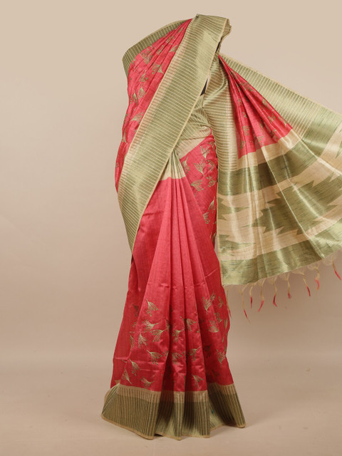 

Pothys Pink & Green Floral Jute Silk Saree