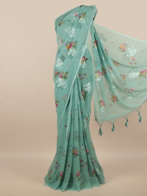 

Pothys Sea Green & Pink Floral Linen Blend Saree