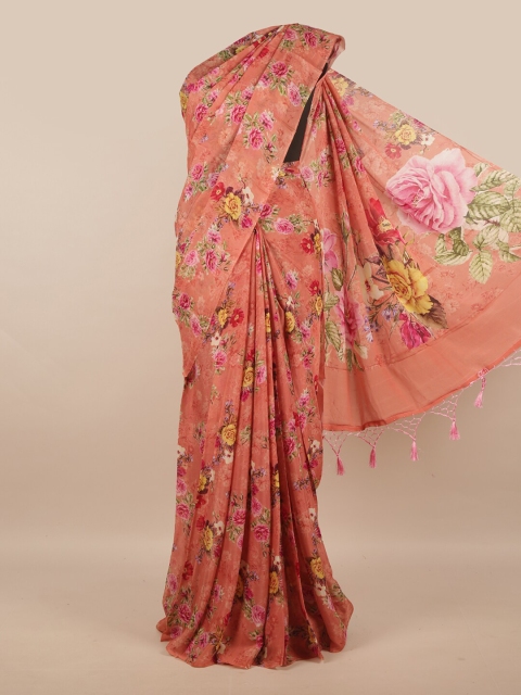 

Pothys Coral Orange & Yellow Floral Linen Blend Saree