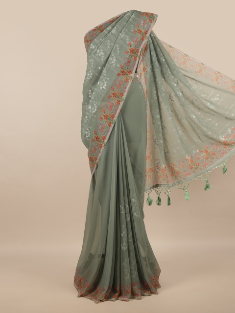 

Pothys Green & White Floral Embroidered Linen Blend Saree