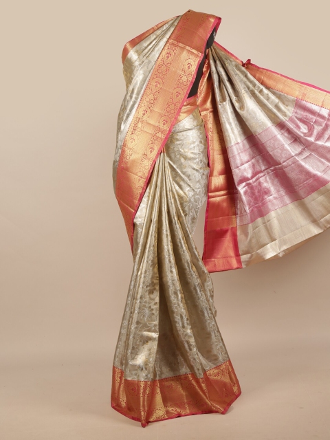 

Pothys Silver-Toned & Pink Woven Design Zari Tissue Saree