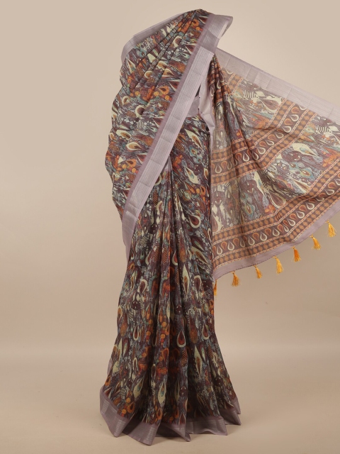 

Pothys Multicoloured & Silver-Toned Ethnic Motifs Printed Zari Border Linen Blend Saree, Multi