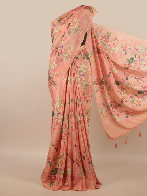 

Pothys Peach-Coloured & Green Floral Linen Blend Saree