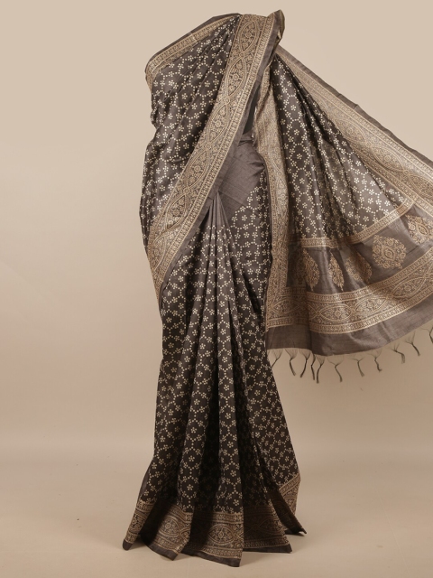 

Pothys Charcoal & Beige Ethnic Motifs Embroidered Jute Silk Saree