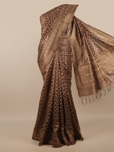

Pothys Brown & Off White Ethnic Motifs Embroidered Jute Silk Saree