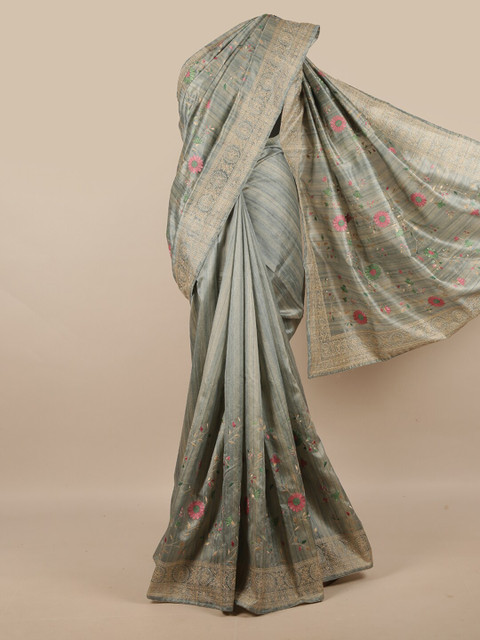 

Pothys Grey & Pink Floral Jute Silk Saree