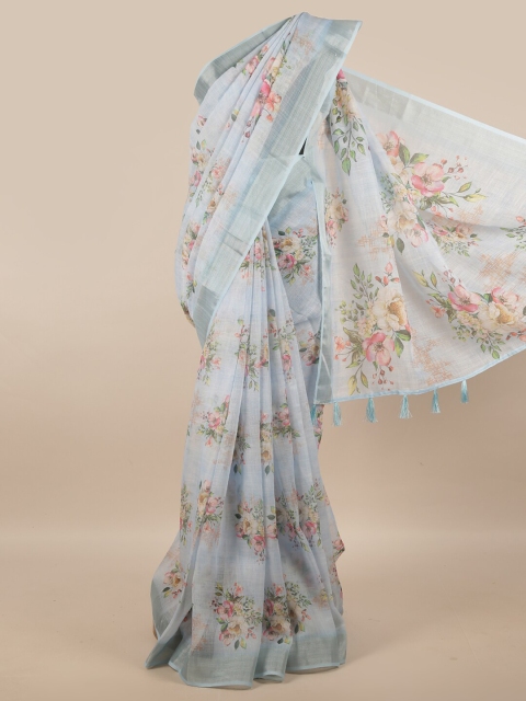 

Pothys Blue & Pink Floral Zari Linen Blend Saree