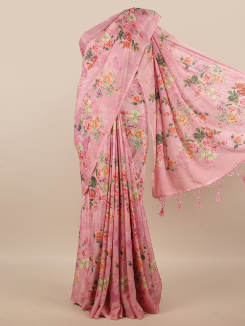 

Pothys Pink & Green Floral Pure Crepe Saree