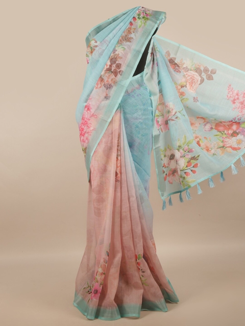 

Pothys Blue & Pink Floral Zari Linen Blend Saree