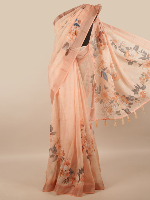 

Pothys Peach-Coloured Floral Printed Linen Blend Saree