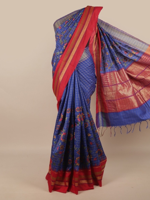 

Pothys Blue & Red Checked Zari Jute Silk Saree