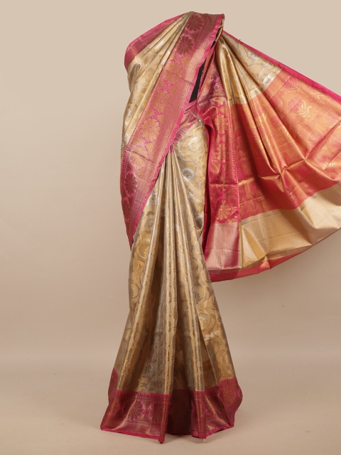 

Pothys Gold-Coloured & Fuchsia Floral Woven Zari Tissue Saree