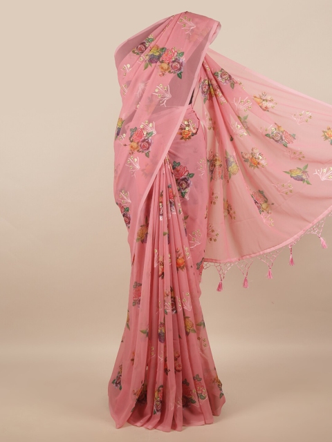 

Pothys Pink & Green Floral Linen Blend Saree