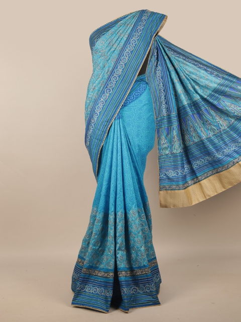 

Pothys Blue & Gold-Toned Floral Thread Work Art Silk Saree