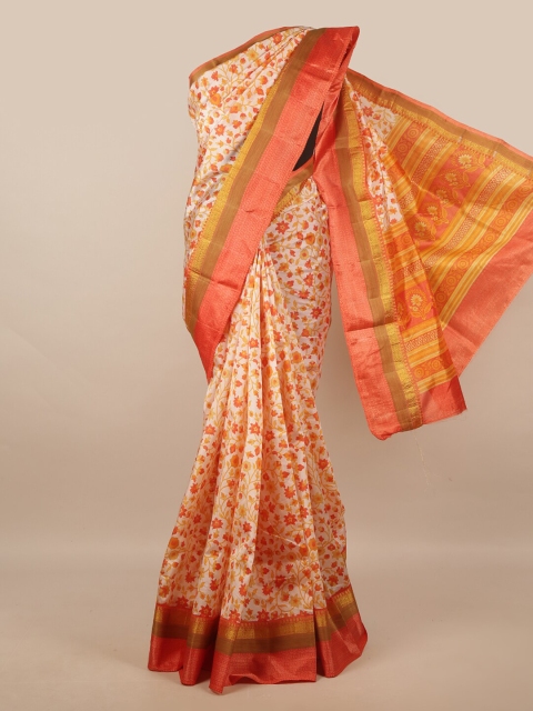 

Pothys Orange & Green Floral Art Dupion Silk Saree