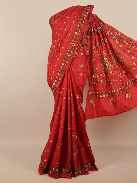 

Pothys Red & Black Ethnic Motifs Kantha Work Art Silk Saree