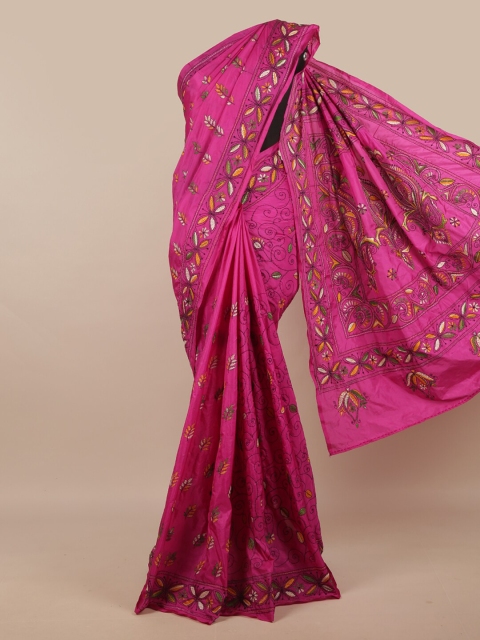 

Pothys Magenta & Yellow Floral Embroidered Art Silk Saree