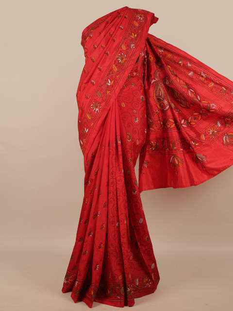 

Pothys Red & Yellow Floral Embroidered Art Silk Saree