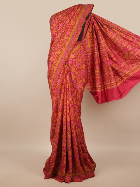 

Pothys Pink & Yellow Floral Printed Art Silk Saree