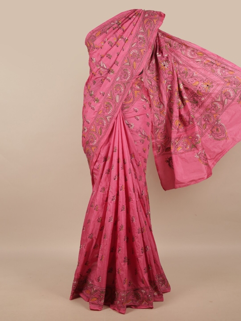 

Pothys Pink & White Ethnic Motifs Kantha Work Art Silk Saree