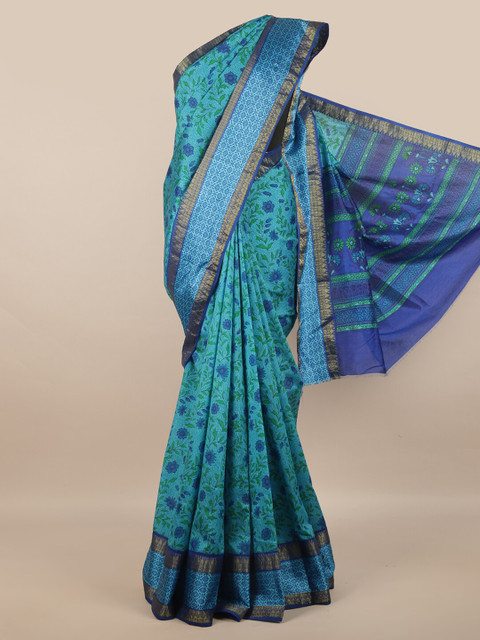 

Pothys Blue & Gold-Toned Floral Art Silk Saree