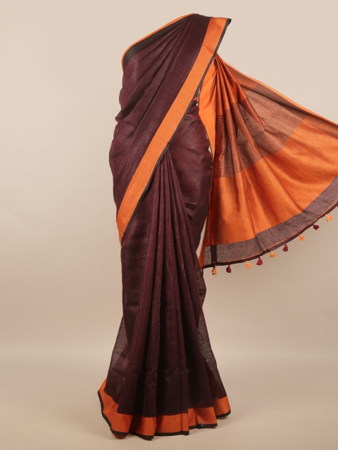 

Pothys Burgundy & Orange Colourblocked Linen Blend Saree