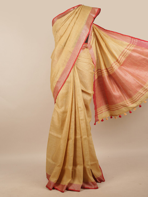 

Pothys Gold-Toned & Red Solid Zari Border Linen Blend Saree