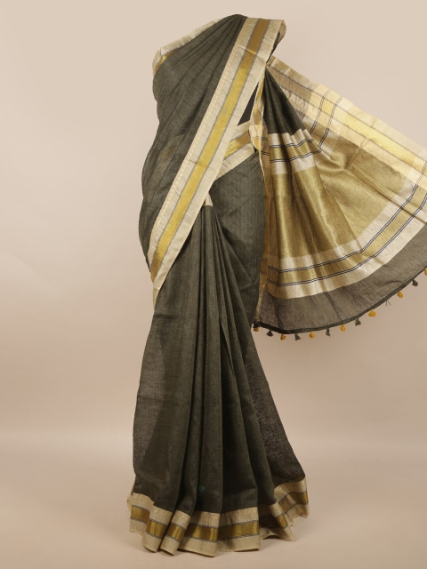 

Pothys Charcoal & Gold Zari Linen Blend Saree