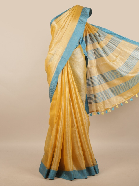 

Pothys Mustard & Blue Zari Linen Blend Saree
