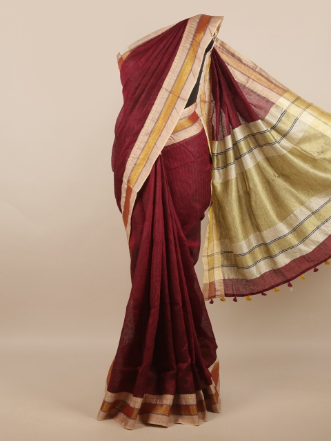 

Pothys Maroon & Cream-Coloured Zari Linen Blend Saree