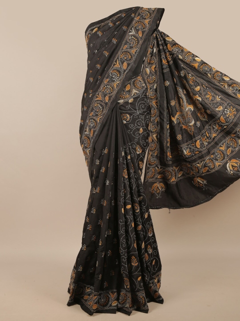 

Pothys Black & Orange Ethnic Motifs Kantha Work Art Silk Saree