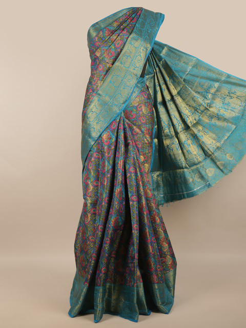 

Pothys Blue & Magenta Floral Zari Art Dupion Silk Saree