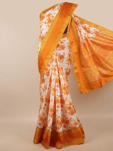 

Pothys White & Orange Floral Zari Art Silk Saree