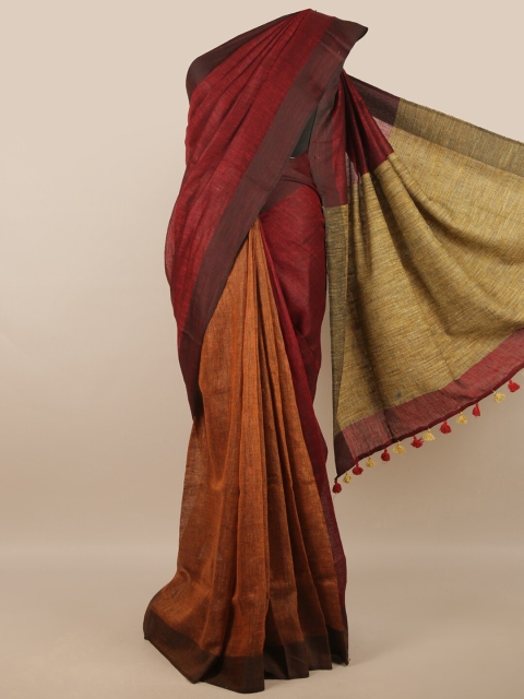 

Pothys Maroon & Beige Colourblocked Linen Blend Saree