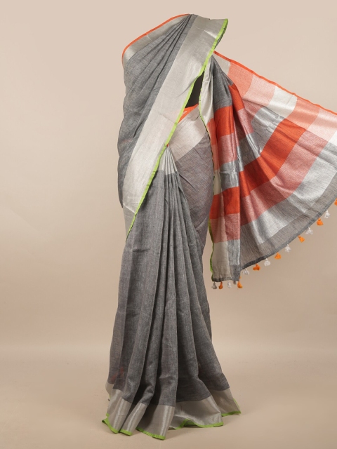 

Pothys Grey & Orange Colourblocked Linen Blend Saree